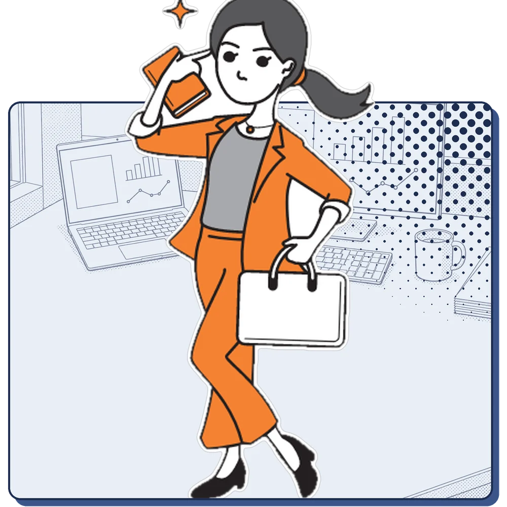 電話を耳に当て、かばんを持って歩くスタッフのキャラクター