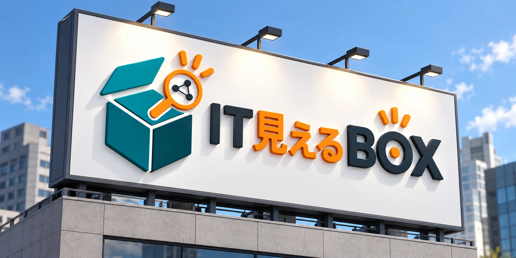 街のビルの屋上に立つ、IT見えるBOX のロゴの看板