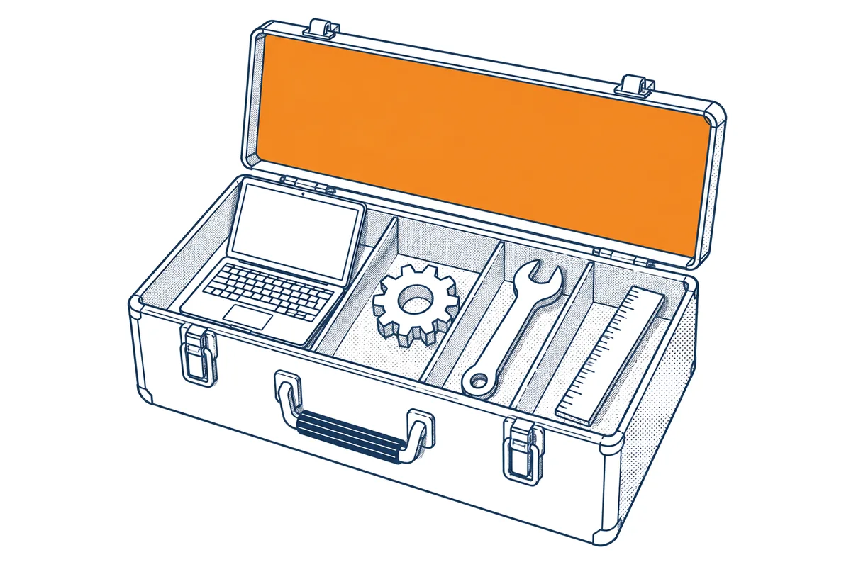 ノートパソコンと工具が入った、ふたの開いた工具箱の絵