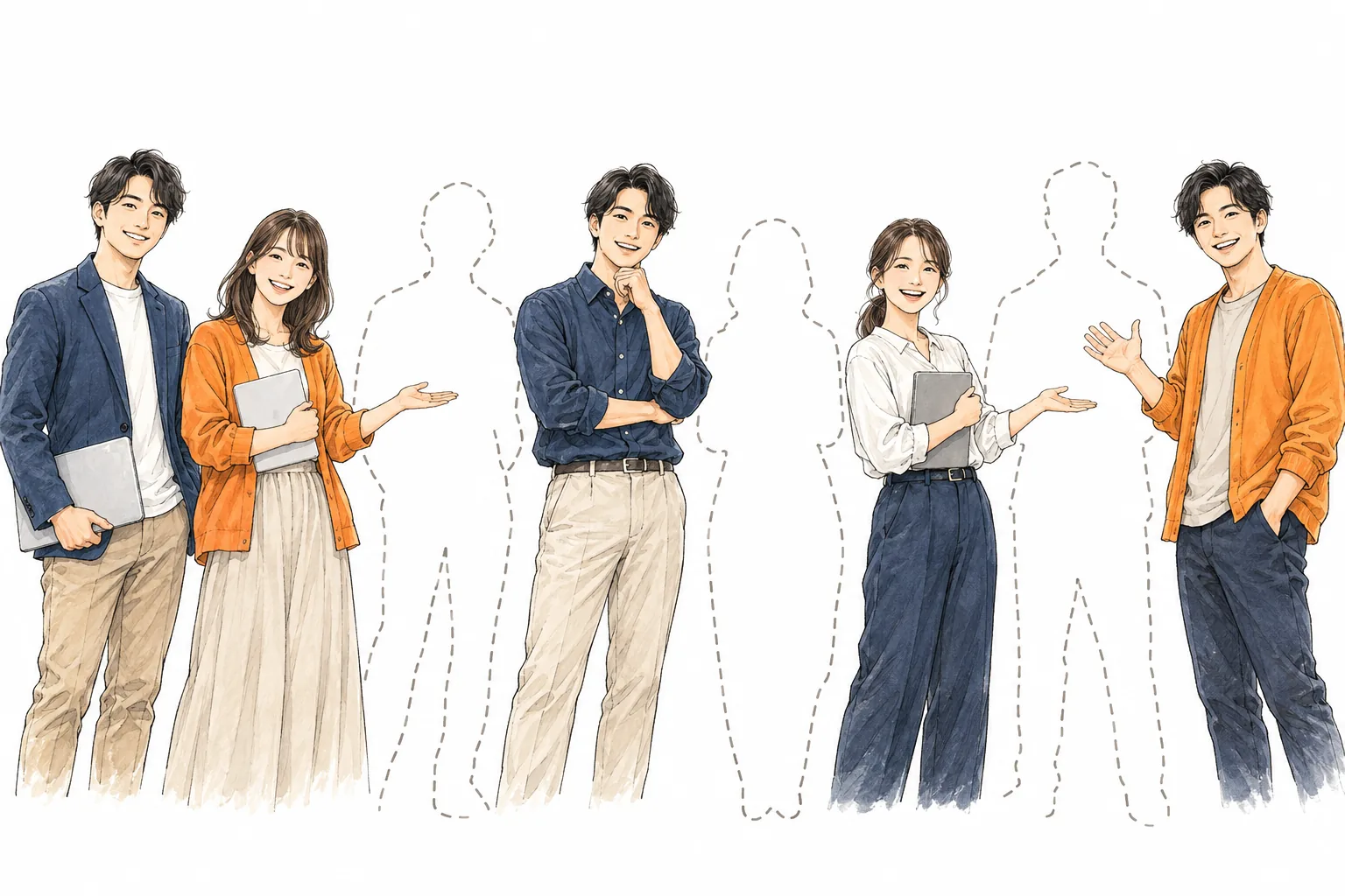 並んで立つ人たちの列に、これから加わる仲間の席が点線で空けてあるイラスト