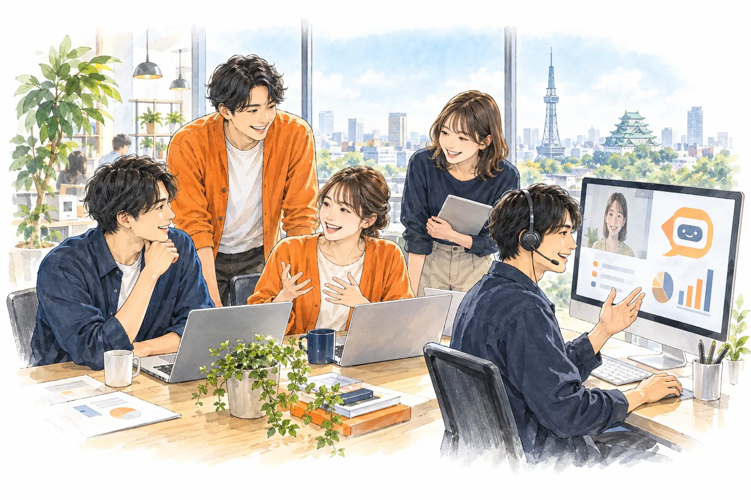 明るいオフィスで、ノートパソコンと大きな画面を囲んで話す人たちのイラスト