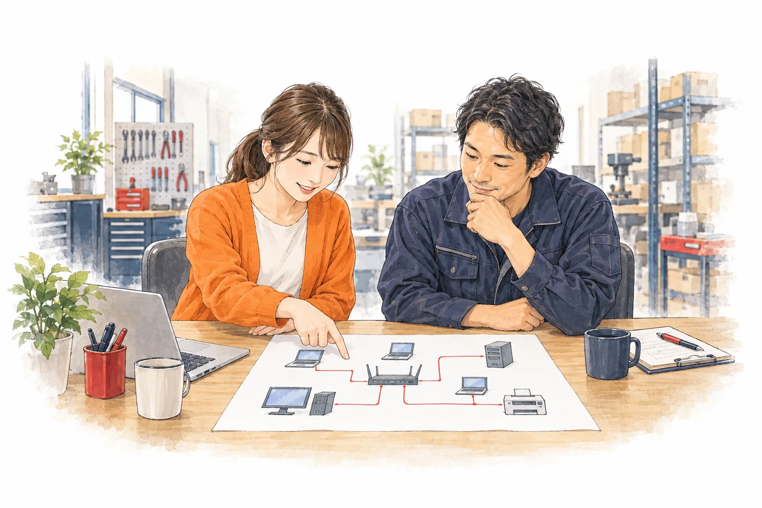 お客様の会社で、経営者と並んで図を見ながら打ち合わせをする場面のイラスト