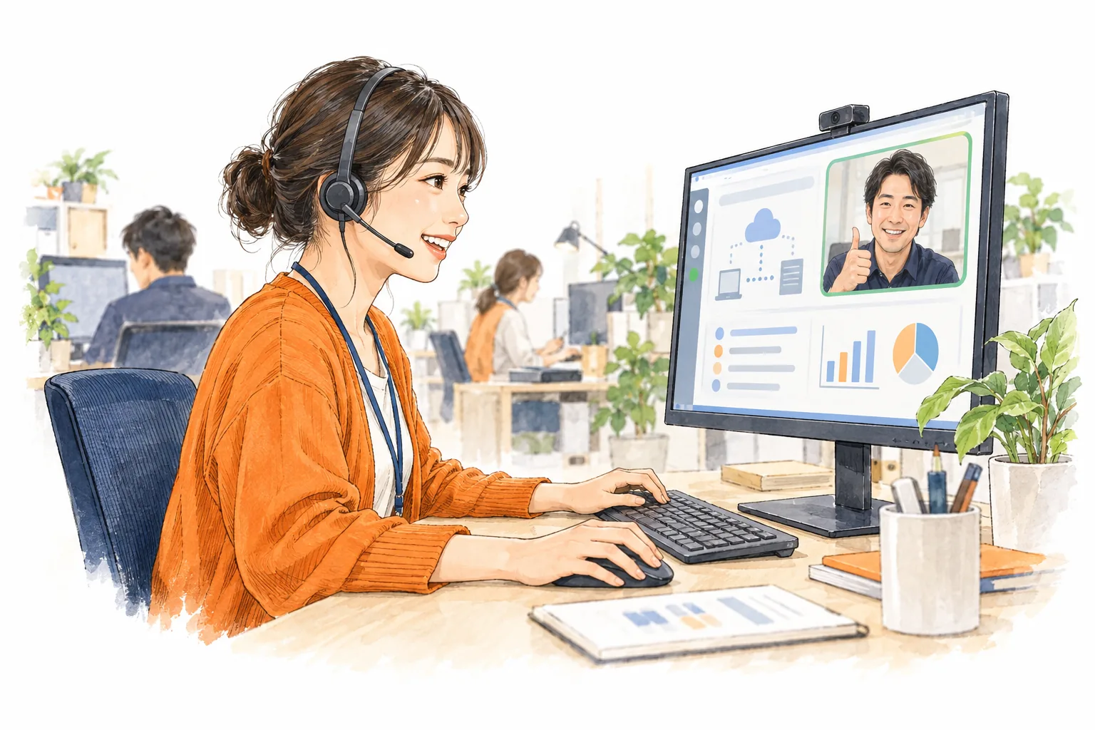 ヘッドセットをつけ、画面を共有しながらお客様の困りごとに応える場面のイラスト