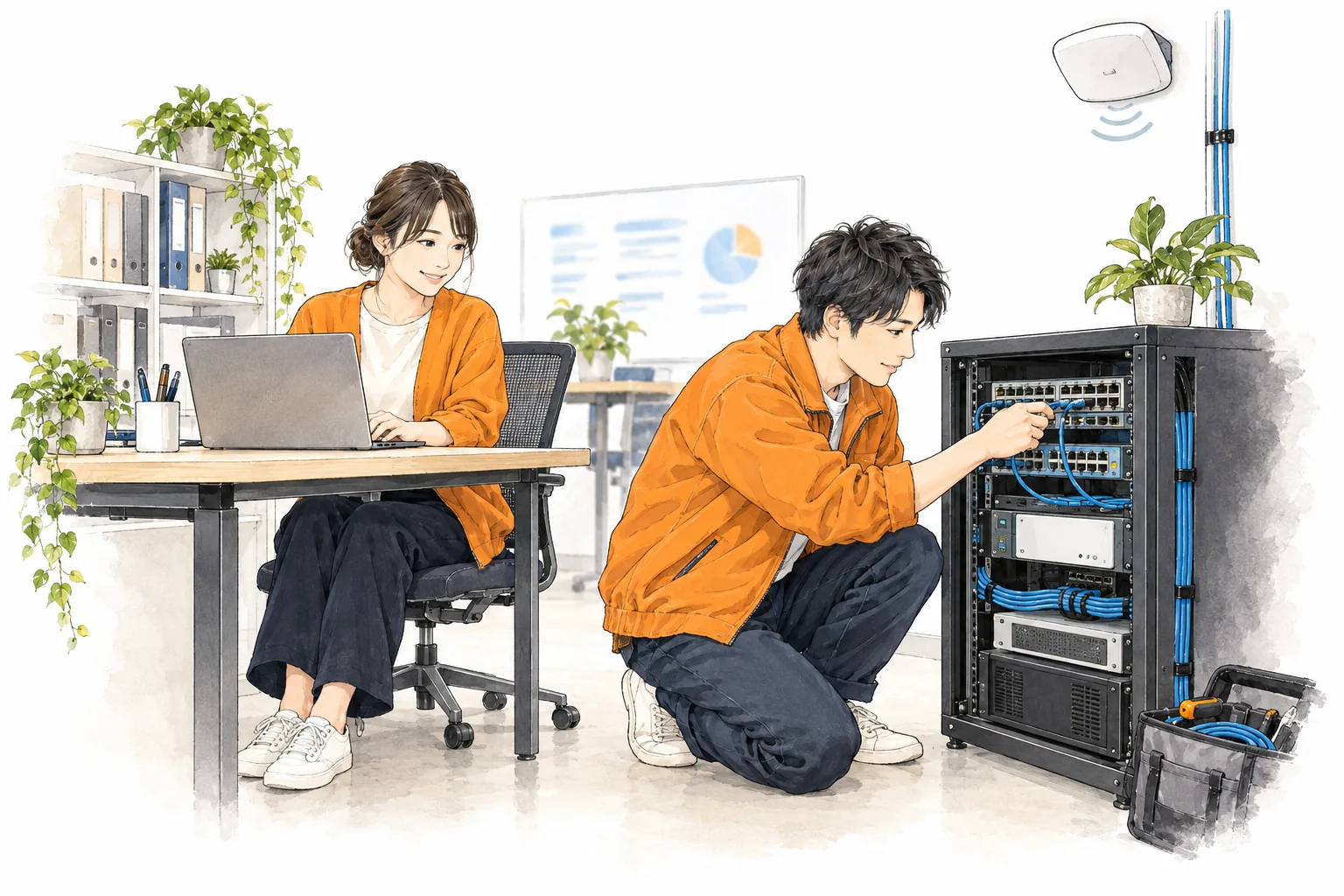 小さなオフィスで、ネットワーク機器を設置して設定を確認する場面のイラスト
