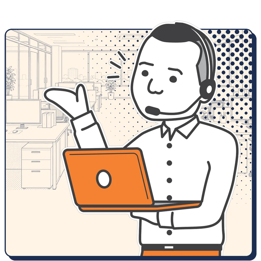 三輪のキャラクターイラスト。ヘッドセットをつけ、ノートパソコンを持って説明している