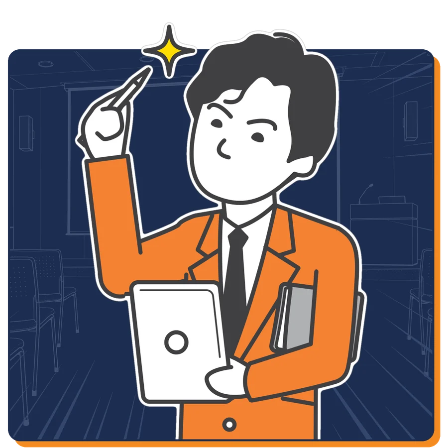 代表 大畑のキャラクターイラスト。オレンジのスーツで、ペンを掲げている