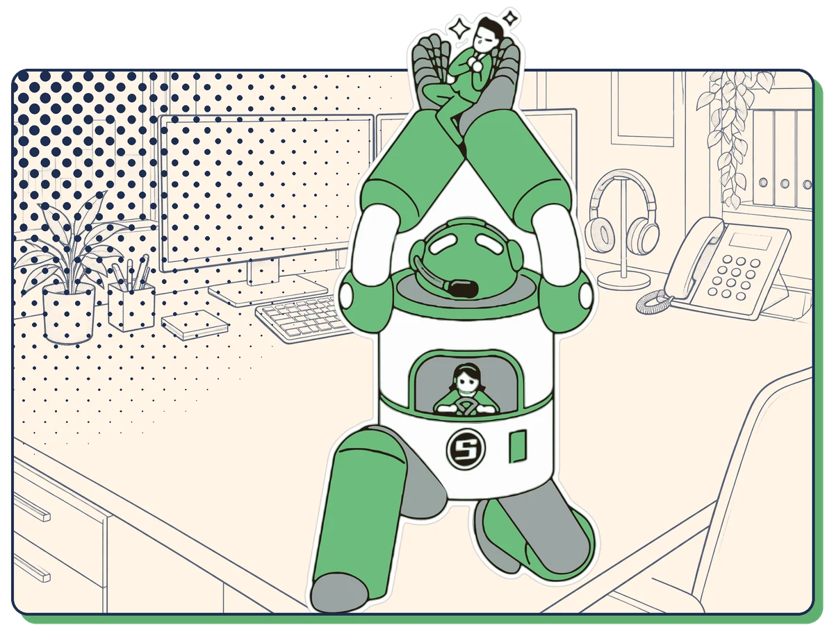 ササエルのロボット。サポートの席を背景に、両手を上げて人を支えているイラスト