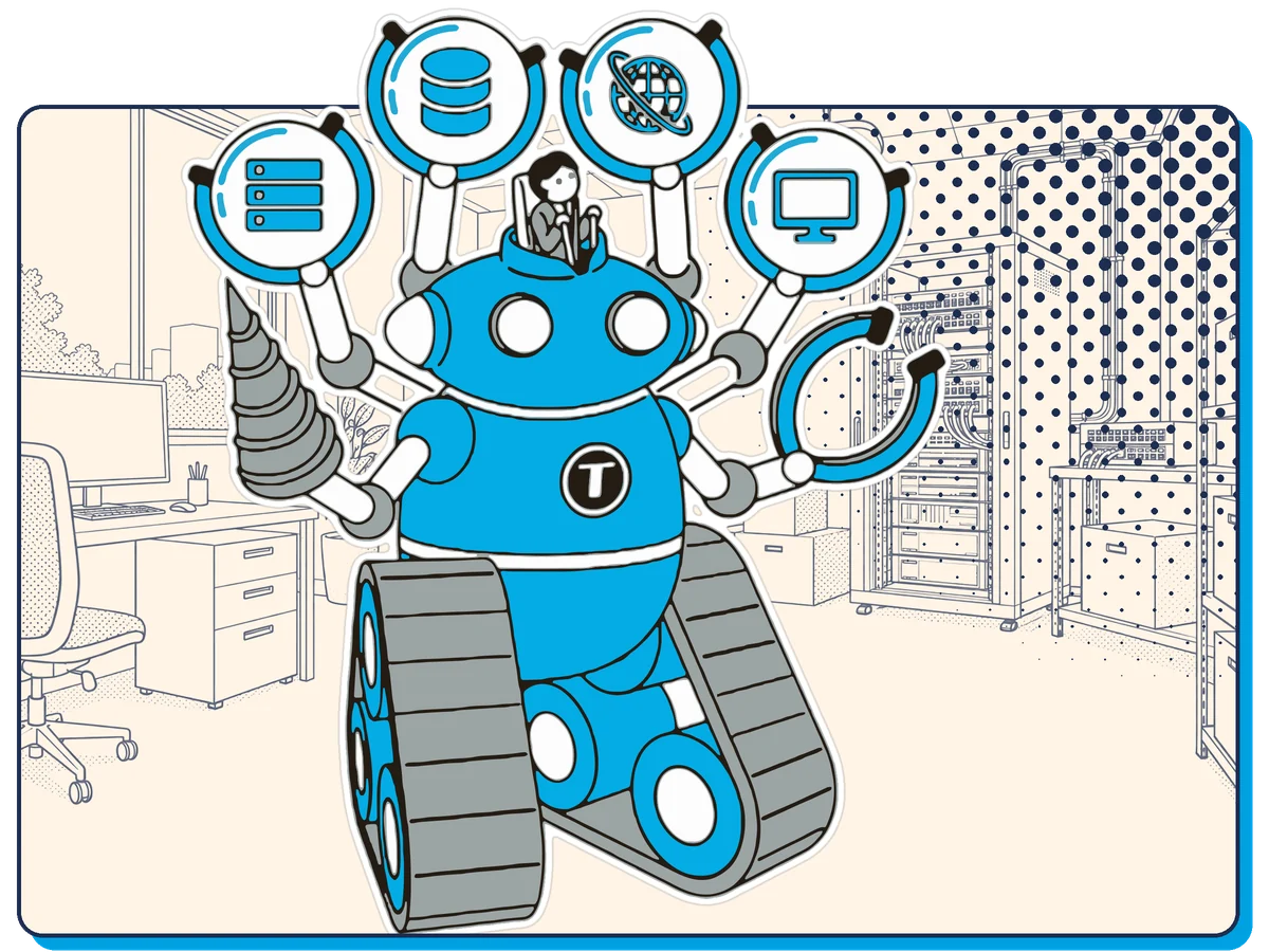 ツナガルのロボット。ネットワーク機器を背景に、サーバーやパソコンの部品を持ち上げているイラスト
