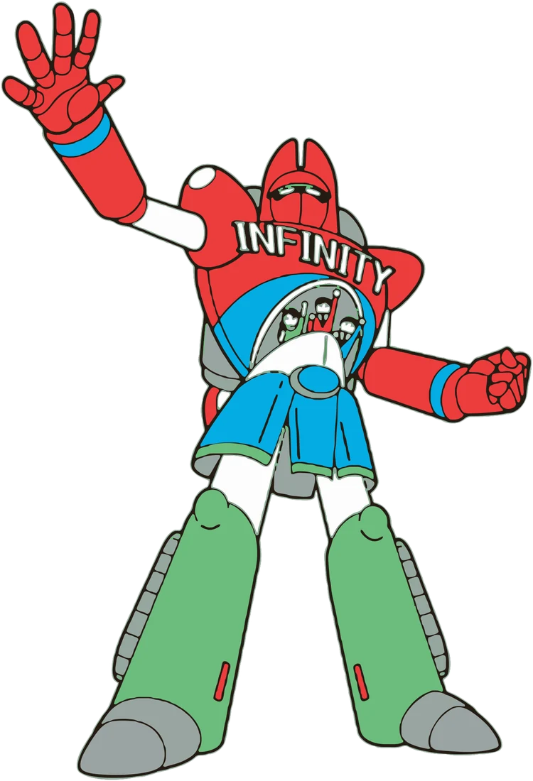 合体ロボットのイラスト。片手を高く上げ、枠の上に飛び出している