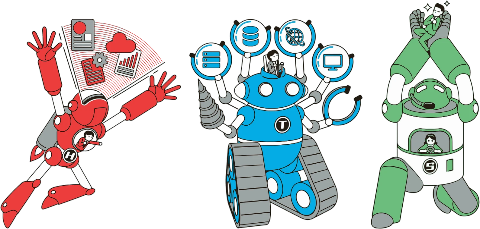ヒロガル、ツナガル、ササエルの3体のロボット。職種の一覧の枠から身を乗り出している